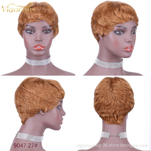 Vigorous Pixie Cut Real Full Machine Brazilian Human Hair For Woman Short Finger Wave Natural Fluffy Wigs